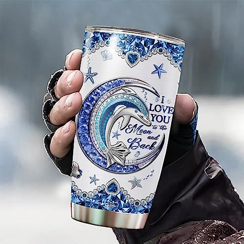 WAZONE Personalized Dolphin Tumbler With Lid Customized Name Jewelry Style Blue Moon Stainless Steel 20oz 30oz Insulated Tea Cup Gift Christmas Birthday for Daughter Women Sister Best Friend - color: Dolphin
