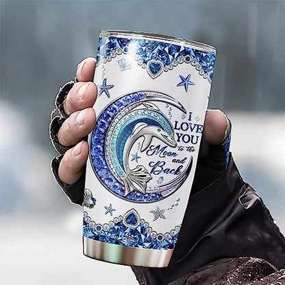 WAZONE Personalized Dolphin Tumbler With Lid Customized Name Jewelry Style Blue Moon Stainless Steel 20oz 30oz Insulated Tea Cup Gift Christmas Birthday for Daughter Women Sister Best Friend - color: Dolphin