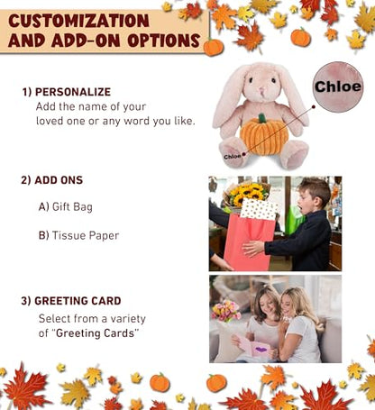 DolliBu Super Soft Baby Pink Rabbit Stuffed Animal with Pumpkin Plush Decor - Rabbit Pumpkin Plush Animal for Fall, Halloween and Thanksgiving, Pumpkin Plush Toy for Baby, Kids, Adults - 8 Inches
