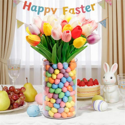 ALFEVA Easter Decorations-Vase in Vase 15pcs Artificial Tulips and Approx 150pcs Easter Eggs Filler, Easter Vaseset Ready to Display，Spring Decorations for Home Table - size: 4.7"/2.7" Vase with 15 Tulips & Eggs