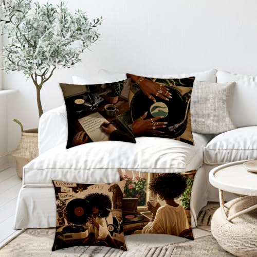 Dibor Black Women Vinyl Record Music Throw Pillow Covers 18x18 Set of 4 - color: Woman