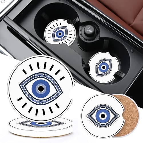 Beaded Blue Eye Symbol Coaster for Cup Holders, Greek Evil Eye Ceramic Drink Coasters for Most Cars, Set of 2 Absorbent Auto Cup Holder 2.56" - color: Blue Evil Eye