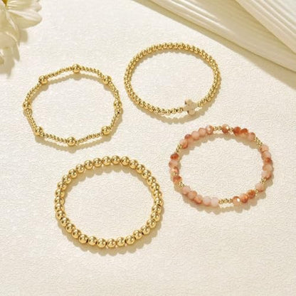 Colorful Cross Charm Bracelets for Women Men Adjustable Gold Plated Beaded Bracelet Boho Bead Ball Stretch Bracelet Birthday Summer Beach Jewelry - color: White B