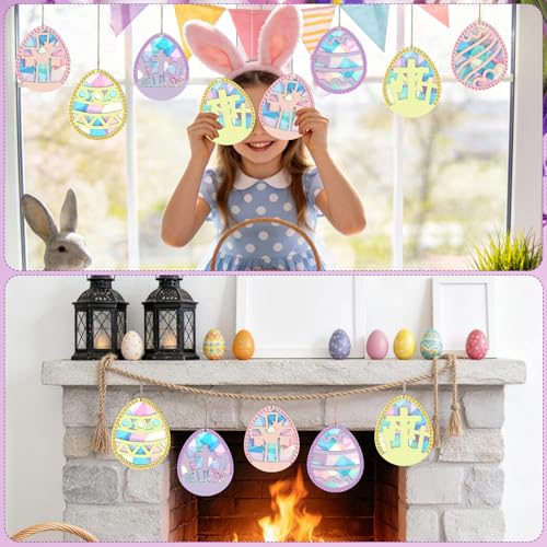 24 Sets Easter Eggs Suncatchers Craft, DIY Religious Easter Wooden Egg Hanging Decorations Kit for Christian Sunday School Activities Project Spring Classroom Party Favors Supplies