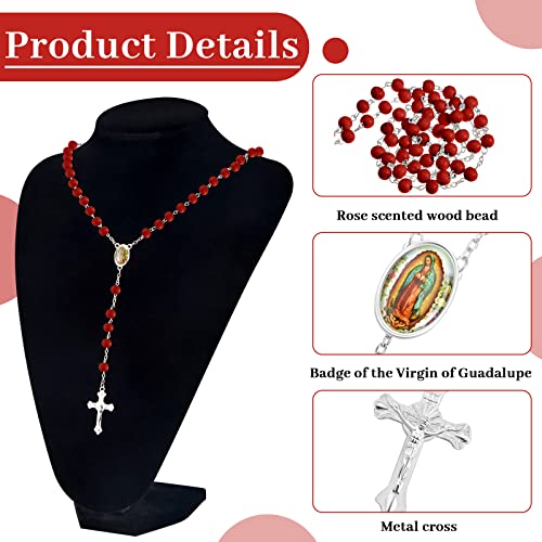 Taiyin 36 Pcs Wooden Bead Rosary Necklace with Crucifix and Our Lady of Guadalupe Scented First Communion Rosary with 36 Organza Bags Baptism Favors Catholic Gift for Men Women - color: Red