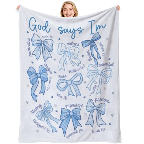Blue Bow Christian Throw Blanket, Religious Flannel Blanket Gifts - color: Blue Bow