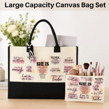 jeilink Inspirational Religious Gifts Boss Mom Birthday Christmas Tote Bag Canvas Reusable Grocery Beach Tote Black Pink - color: Self Care Positive 1715
