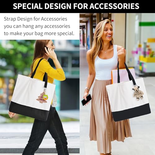 6-Pack Canvas Tote Bags with Zipper, Large Reusable Grocery Tote Bluk - color: Black/White