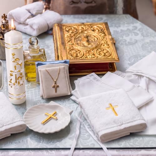 Lyrow Baptism Candle Set Complete Christening Gift Kit with Shell, Candle & Towel, White Gold Communion for Baptism, First Holy Communion, Catholic Sacraments(Vintage)