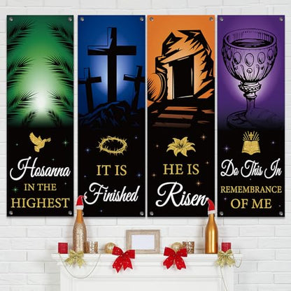 4Pcs Easter Church Banners for Sanctuary Wall Welcome Religious Banners Hanging Backdrop He is Risen Easter Porch Signs Bible Verses Banner Scripture Hanging Signs for Church School Decor - style: He is Risen