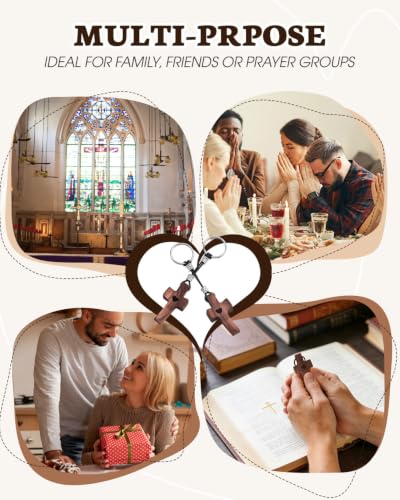 10pcs Pocket Wooden Cross Fidget: Small Wood Crosses Keychain in Bulk with Organza Bags Prayer Card - Stress Relief Cross My Heart for Christian Religious Easter Day Gifts