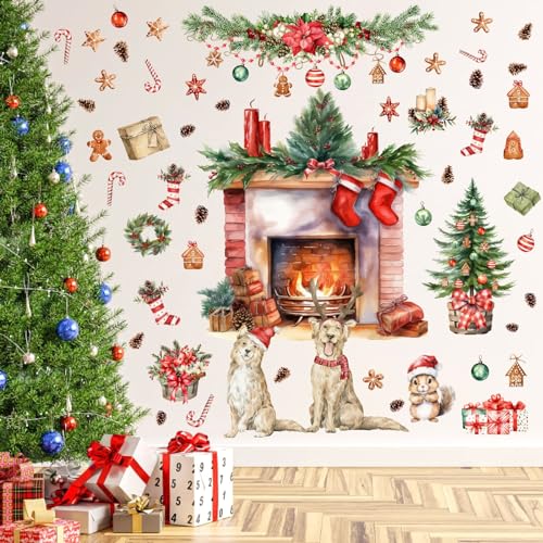 Merry Christmas Wall Stickers Xmas Pine Tree Fireplace Art Decal Decoration - color: Red