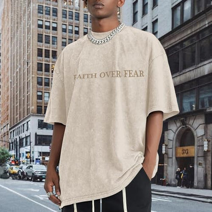 Christian Faith Over Fear Shirt for Men Jesus Religious Shirts Oversized Graphic Tees Acid Wash God T-Shirt - color: Apricot, size: Small