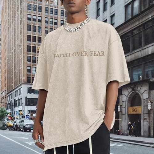 Christian Faith Over Fear Shirt for Men Jesus Religious Shirts Oversized Graphic Tees Acid Wash God T-Shirt - color: Apricot, size: Large