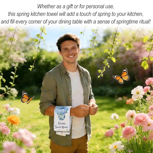 Blue Hydrangea Tea Towels For Kitchen, Home Sweet Home Floral Towel, 08 - color: Blue Home Sweet Home