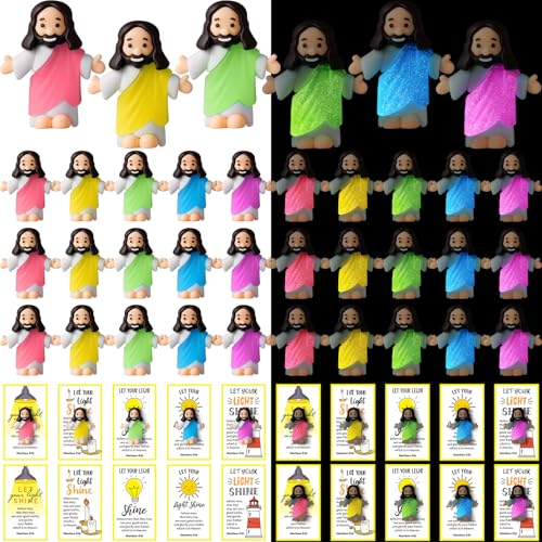 CroBlissful 30 Sets Mini Jesus Figurines Bulk Christian Glow in The Dark with Let Your Light Shine Cards for Christian Sunday School Religious Party Favor Halloween(Open Your Arms) - style: Open Your Arms