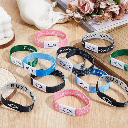 12Pcs Daily Bible Verse Bracelets for Women NFC Bracelet Elastic Jesus Christian Bracelets Bulk, Inspirational Scripture Bracelet Christian Religious Easter Gifts for Women Men - style: Fish pattern