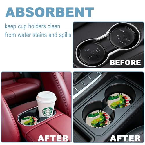 Ceramic Car Cup Holder Coasters Set of 2, 2.56 in Green Dinosaur - color: Green Dinosaur