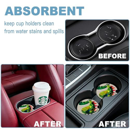Ceramic Car Cup Holder Coasters Set of 2, 2.56 in Green Dinosaur - color: Green Dinosaur