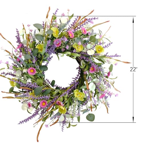Idyllic 20 Inch Spring Summer Wild Flower Artificial Daisy Front Door Wreath, Everyday Greenery Eucalyptus Leaves for Indoor and Outdoor Use, Rustic Farmhouse Style Home Wreath Decor - size: 20 Inch