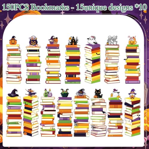 Halloween Book Tracker Bookmarks - 150 Pcs Bookshelf Bookmark Pumpkin Ghost Witch Double-Sided Page Book Markers Gifts for Women Men Office Reading Holiday Party Rewards Supplies - color: Halloween Pumpkin Ghost