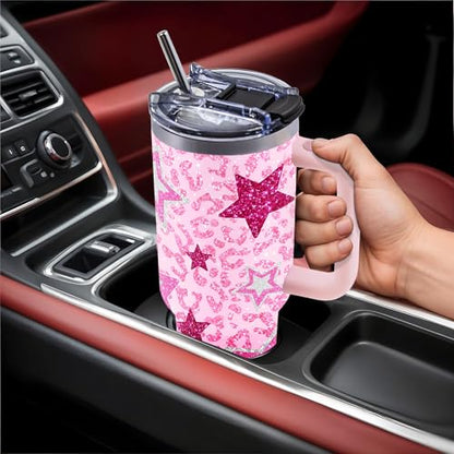 Pink Star 40oz Tumbler with Handle & Straw, Gifts for Women - color: Star-Pink