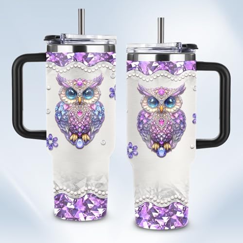 Christian Gifts for Women 40oz Tumbler - Insulated Travel Mug with Handle (Owl, 40 Ounces) - color: Purple