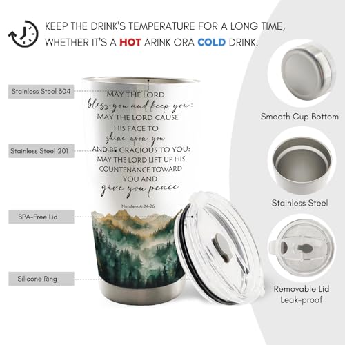 Christian Mountain 20oz Travel Coffee Mug Tumbler, Christian Religious Gifts for Women Men, May the Lord Bless You and Keep You Bible Verse Stainless Steel Tumbler with Lid and Straw - color: Peace