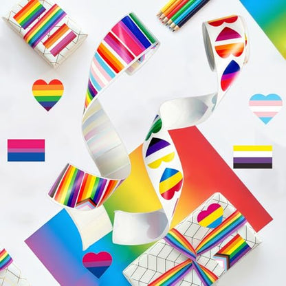Pride Stickers 1000 PCS, Rainbow Heart & Flag LGBTQ Stickers for Transgender, Lesbian, Bi, Gay, Progress Pride, Pride Month,Parade Accessories, 16 Designs (500 Pieces Per Roll) - style: 1000 PCS Pride Stickers