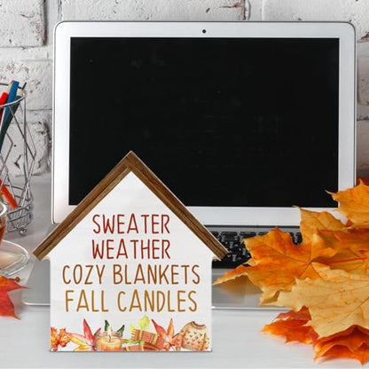 Fall Home Decor, Sweater Weather House Shaped Wood Block Sign - color: Sweater