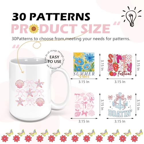 Summer UV DTF Cup Wraps - 30 Sheets Vintage Summer Beach UV DTF Cup Wrap for 16 oz Glass Mugs, Cute Strawberry Bows Flamingo Transfer Stickers Decals for DIY Water Bottle Tumbler Journal - style: Summer