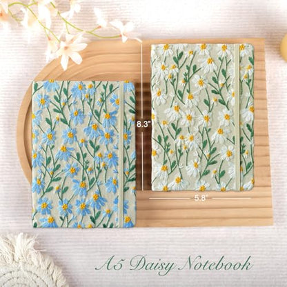 A5 Notebook, Flower Journal, Embroidered Notebook, 8"x6", Hardcover, Lay Flat, Lined, Wide Ruled Paper, Personalized Notebook, Pretty Journal, Daisy Gifts for Women, Blue, with Elastic Band - color: A5-Ruled-Blue Daisy