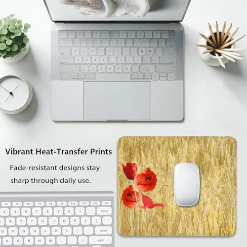 Vibrant Red Poppy Flowers Mouse Pad, Summer Wheat Field Durable Desk Mat - color: Color_DE0010XX