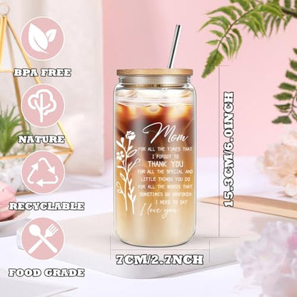 DHQH Birthday Gifts for Mom, Mothers Day Gifts from Daughter Son, 16oz Mom Ice Coffee Glass Cup with Makeup Bag, Christmas Gift Ideas for Mommy Mama Friends - style: mom thank you