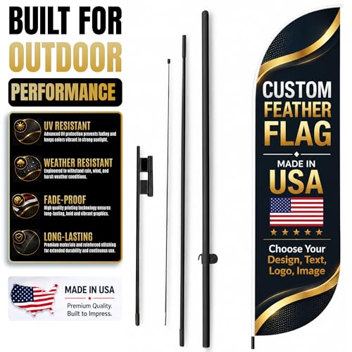 Custom Feather Flag by BCB Print, Personalized Swooper Flag with Photo, Text or Logo, 11.5x2.5 FT Single-Sided HD Print, Optional Add-On 15 FT Pole Kit & Ground Spike, Made in USA, Fast Delivery - color: Feather Flag +/– Ground Spike Kit