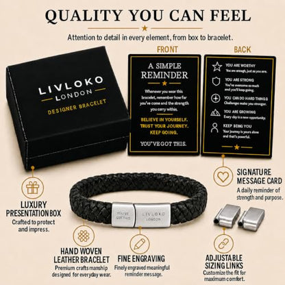 LONDON Mens Braided Leather Bracelet for Men, Adjustable Stainless Steel Clasp Wrist Bracelet, Motivational Meaningful Personalized Gift for Him, Birthday Fathers Day Gift for Him Husband Boyfriend Dad or Son, with Premium Gift Box, Handmade in Black & Br