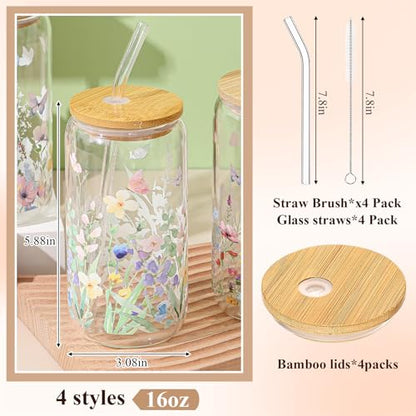 Mumufy 4 Pack Wildflower Glass Cup, 16 oz Tumbler Mug with Bamboo Lid - style: Wild Flower