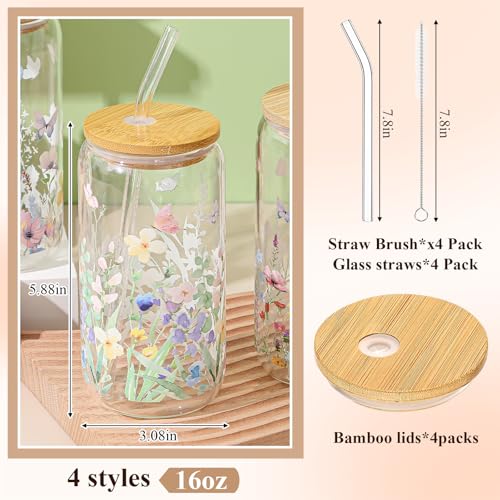 Mumufy 4 Pack Wildflower Glass Cup, 16 oz Tumbler Mug with Bamboo Lid - style: Wild Flower