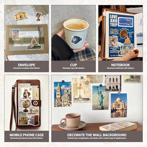 Bomichi Travel Sticker Book, 32 Sheets 377 Pcs Vintage Aesthetics Stickers & 20 Sheets Washi Paper for Journaling Scrapbooking Bullet Journals Planners Letter Card Making - style: Travel sticker book