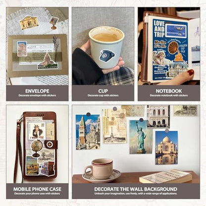 Bomichi Travel Sticker Book, 32 Sheets 377 Pcs Vintage Aesthetics Stickers & 20 Sheets Washi Paper for Journaling Scrapbooking Bullet Journals Planners Letter Card Making - style: Travel sticker book