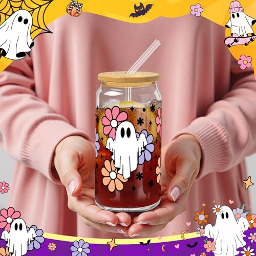 Halloween Glass Cups with Lids and Straws, 6Pack, 16oz, Ghost Pink - style: Floral Halloween