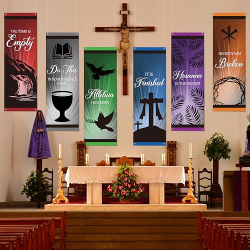 Tegeme 6 Pcs Easter Church Banners for Sanctuary, Literal and Hole - style: Literal and Hole