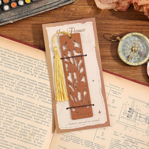 icceemee 2pcs Wooden Bookmarks with Iris & Bluebell Floral Design - Nature Themed Book Markers for Women, Men, Readers - Unique Gift for Book Lovers - style: Iris & Bluebell