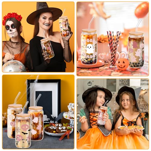 8 Pcs Pink Halloween Glass Cups Spooky Ghost Cups for Boo Basket Gift Ideas - style: Halloween Pink Ghost