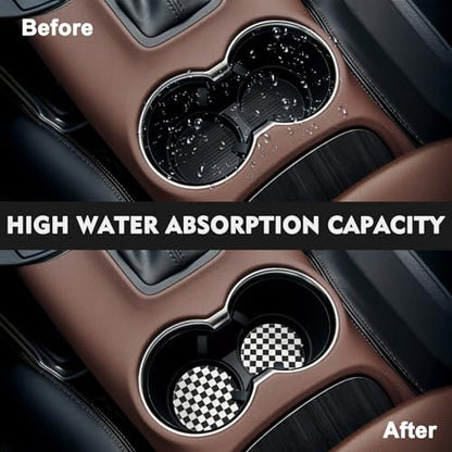2 Pack Car Coasters for Cup Holders, Cute Car Accessories Interior - color: Grid-black