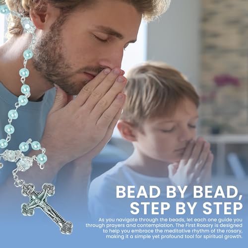 Baptism Gifts for Boys – Blue Rosary with Ceramic Keepsake Box and Card, Blue - color: Light Blue