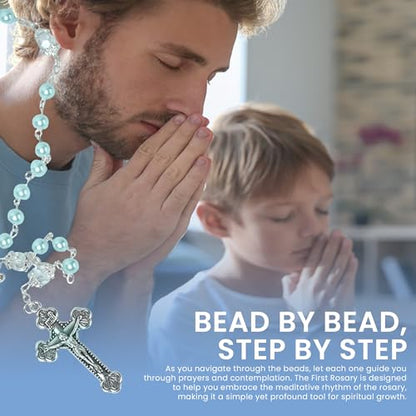 Baptism Gifts for Boys – Blue Rosary with Ceramic Keepsake Box and Card, Blue - color: Light Blue