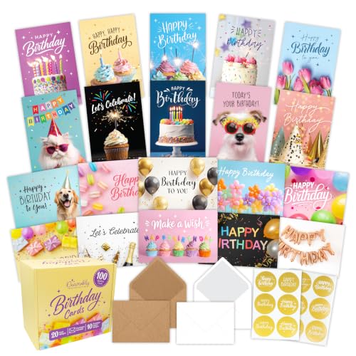 Decorably 100 Assorted 4x6in Happy Birthday Cards Bulk with Envelopes