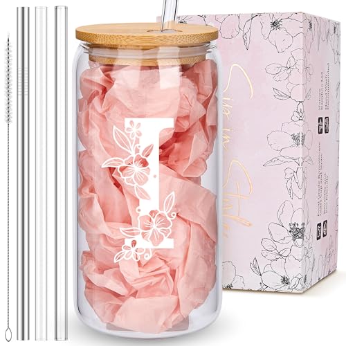 Personalized Tumbler, Monogrammed Can Glass Cups with Bamboo Lids and Straws, Customized Gifts for Women, Cute Design Initial Iced Coffee glasses, Custom Letter Mug, Birthday Bridesmaid, I - style: Monogram I
