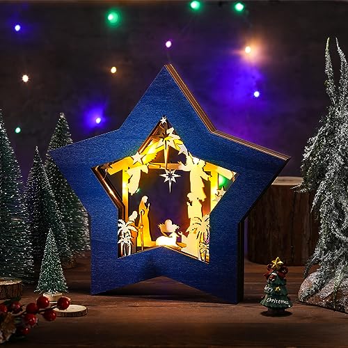 Bucherry Wooden Nativity Scene Christmas Tabletop Ornament,Blue White - style: Blue White